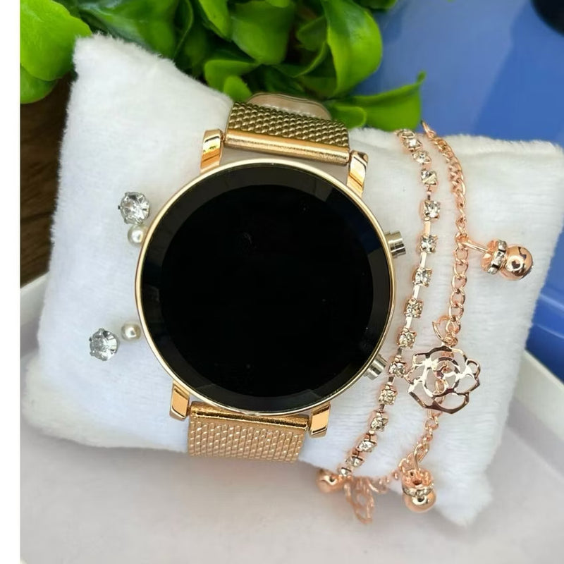 ￼Relógio Feminino Led Digital Kit Redondo Pulseira + Brinco Pulso Led Rosé Prata Preto Dourado