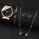 ￼Conjunto De Relógio Feminino Elegante De 5 Peças – De Quartzo Com Pulseira De Couro E Acessórios De Coração (Sem Caixa)