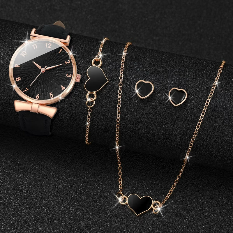 ￼Conjunto De Relógio Feminino Elegante De 5 Peças – De Quartzo Com Pulseira De Couro E Acessórios De Coração (Sem Caixa)