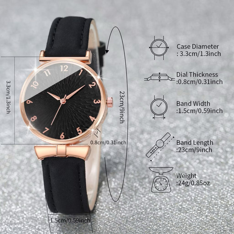 ￼Conjunto De Relógio Feminino Elegante De 5 Peças – De Quartzo Com Pulseira De Couro E Acessórios De Coração (Sem Caixa)