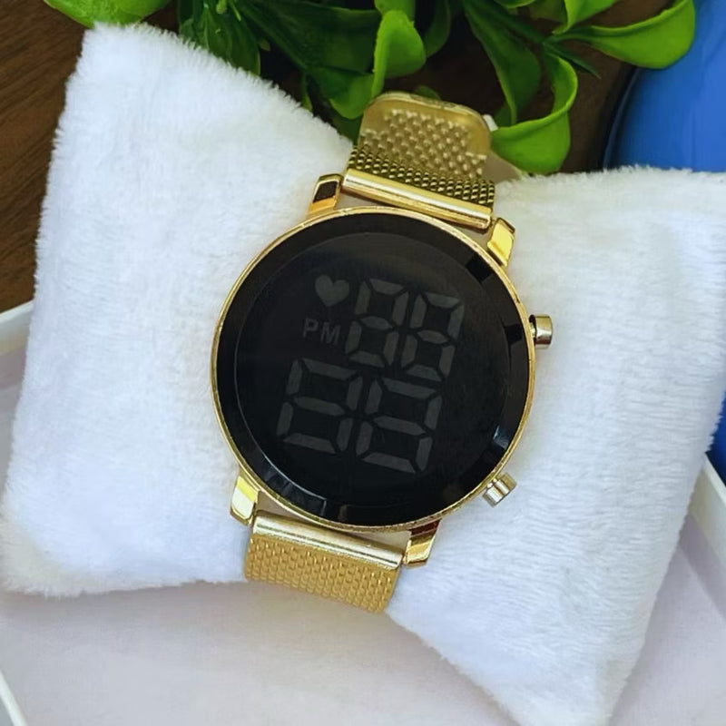 ￼Relógio Feminino Led Digital Kit Redondo Pulseira + Brinco Pulso Led Rosé Prata Preto Dourado