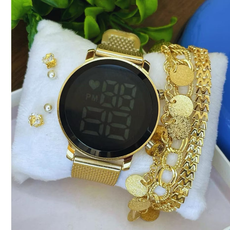 ￼Relógio Feminino Led Digital Kit Redondo Pulseira + Brinco Pulso Led Rosé Prata Preto Dourado